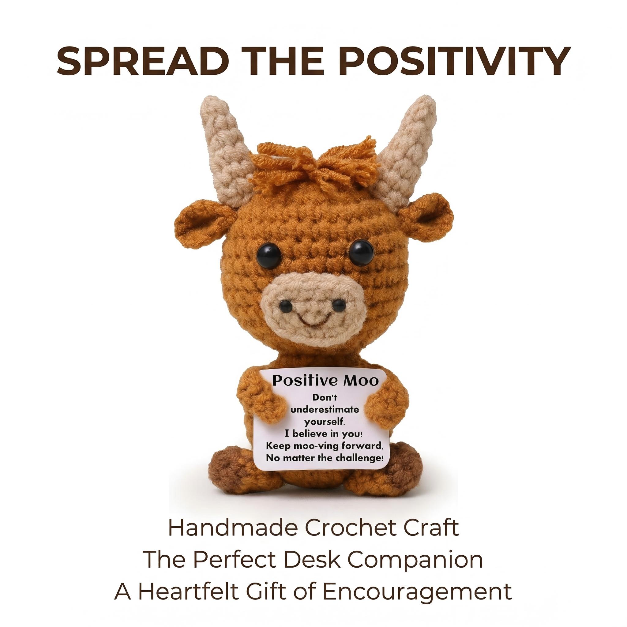 Handmade Crochet Positive Highland Cow Plush | Cute Knitted Cow Doll Soft Stress Relief Toy | Motivational Emotional Support Plushie | Perfect Gift for Birthday Christmas Graduation | Cute Desk Decor Bag Charm Keychain #fyp #cute #handmade #crochet