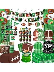 Football Themed Disposable Party Supplies Set, American Football Decor Banner, Birthday Celebration Paper Plates & Tablecloth
