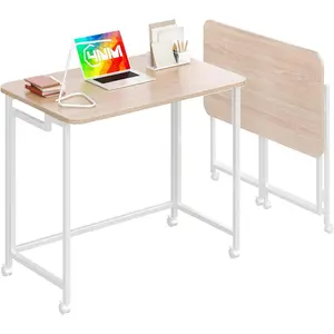 4NM 27.5" Mobile Small Rolling Computer Desk, Folding Laptop Cart Table with Wheels, Portable Office Desk for Small Space Couch Bed - Natural and White