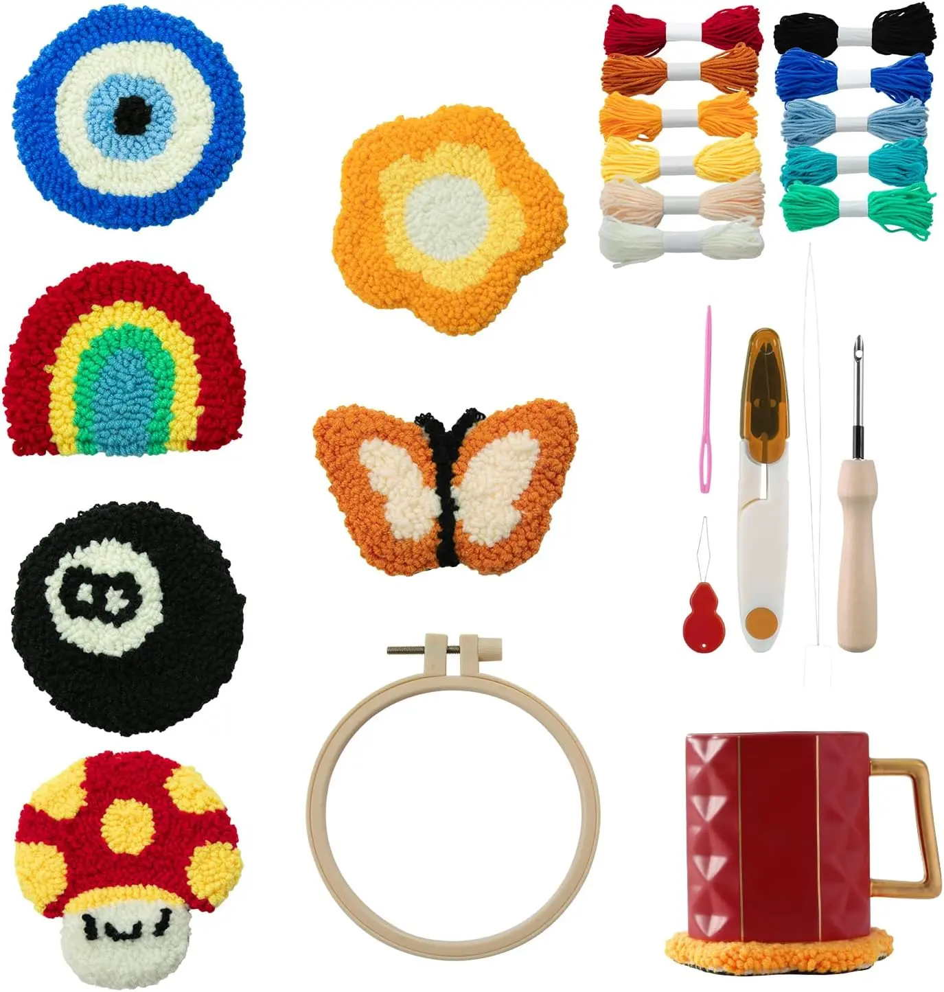 Punch Needle Coaster Kit, Punch Needle Kits for Adults Beginners Include 6 Pattern Tufted Coasters with Adhesive Felt Yarns, Hoops, Tools, Coaster DIY Needle Punch Craft