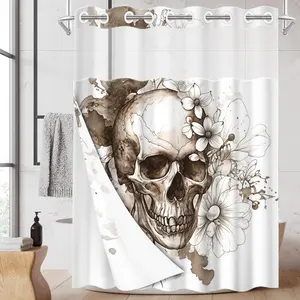 1pc hookless shower curtain with buckle lining, brown ink wash skull and floral design, 2D flat printing, waterproof fabric lining, double-layer shower curtain with see-through window, 71 x 74 inches, modern home draping curtain, Flowers