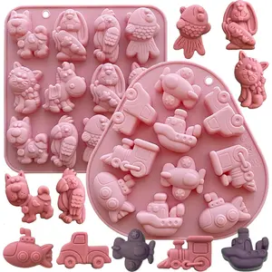 2PCS 3D Animal & Transportation Silicone Molds For Baking, Chocolate Candy Gummy Jello Molds For Kids, Includes Dog Cat Fish Train Airplane Shapes
