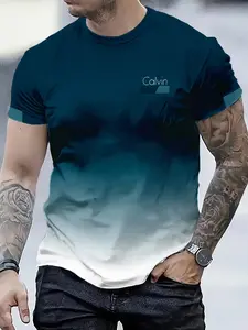 Men's Summer Luxury Gradient 3D Print T-Shirt, Turquoise Gold Swirl Wave Abstract Pattern, Crew Neck Short Sleeve, Breathable &