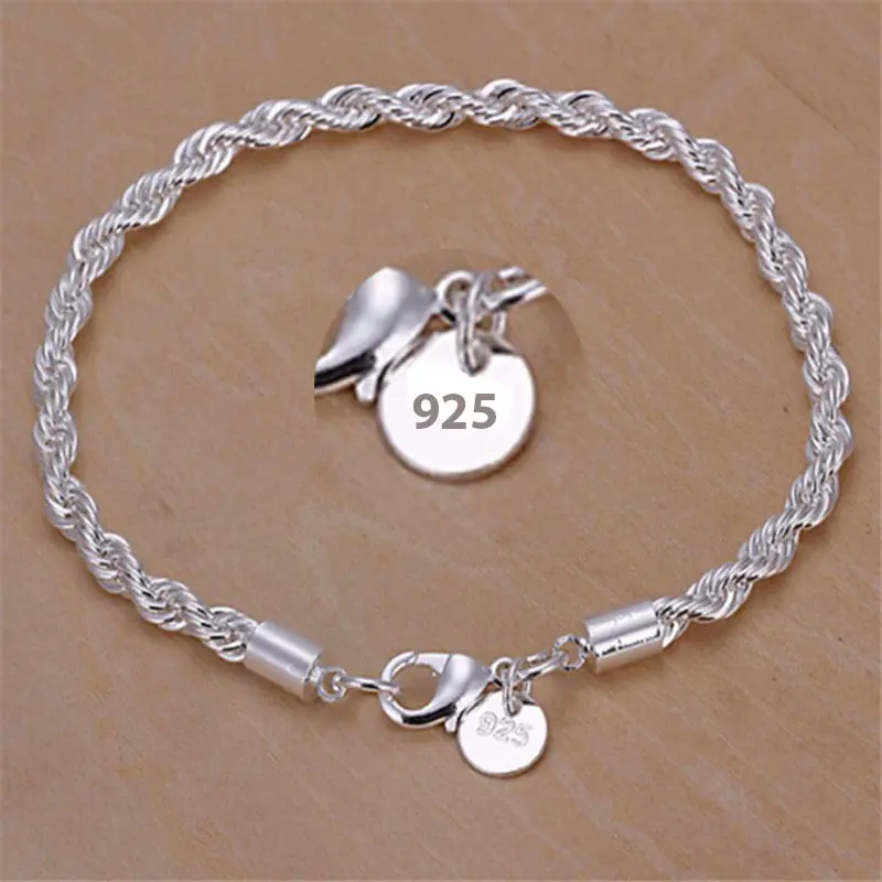 New High quality Sterling Silver Women Men chain Male Twisted Rope Bracelets Fashion Silver Jewelry Gifts