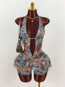 Women's Leopard Zebra Print Jumpsuit Set | Ruffle Halter Cutout Vacation Outfit | Sexy Summer Party Look