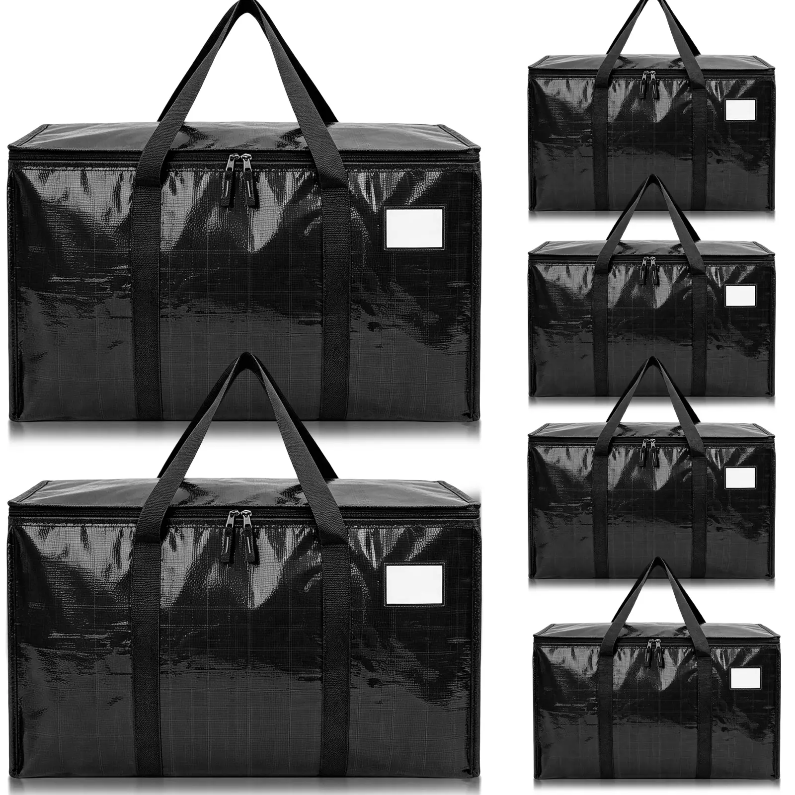 6 Pack Extra-Large Heavy Duty Storage Pouches, Waterproof Polypropylene Foldable Clothing Bags with Reinforced Handles & Zippers, Black Storage Totes for Household Organizing & College Dorm Storage