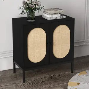 Black Rattan Sideboard Buffet Cabinet, Wooden Accent Storage Console with Door & Shelf, Versatile Cabinet for Hallway, Entryway & Living Room