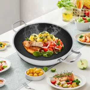 12.59in Paella Pan, Stainless Steel with Lid, Honeycomb Nonstick Coating, PFOA Free, Oven Safe, Dishwasher Safe, Induction, Gas, Electric Stove Compatible Cookware Silver Non-Stick Ceramic Set