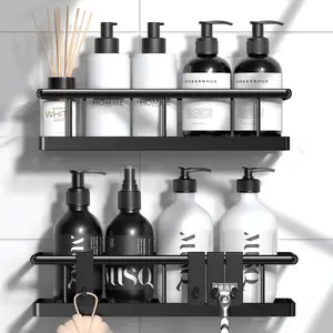Wall-Mounted Shower Caddy Shelf Organizer Rack Set, No Drill Holder, Self Adhesive Black Basket, Bathroom Home Accessories Storage, Farmhouse Wall Shower Inside Organization and Storage Decor, Hanging Kitchen Skincare, Hollow Removable Fathersdaygifts