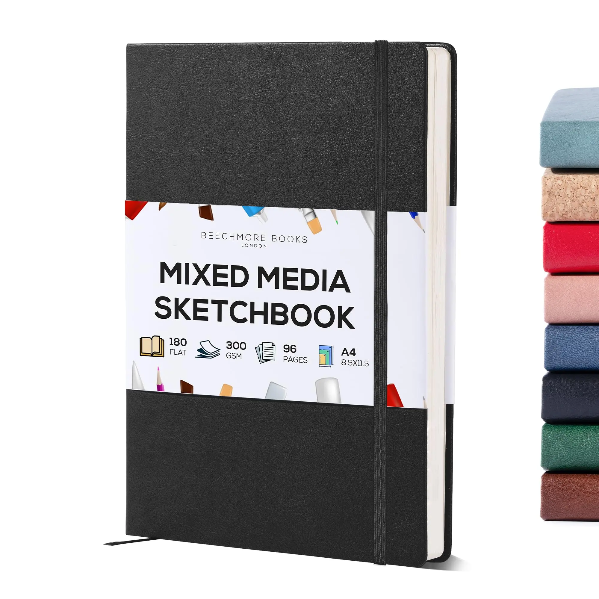 Beechmore Books Heavyweight Mixed Media Sketchbook - A4 8.5x11 300 GSM 48 Perforated Pages, Hardcover Lay-Flat Professional Journal for Painting, Acrylics and Wet Media
