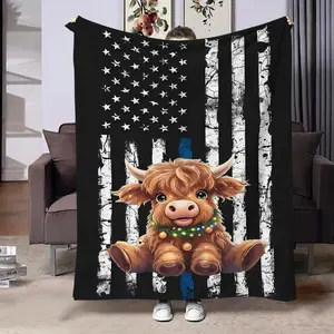 Highland Cow American Flag Pattern Flannel Blanket, Soft Comfortable Throw Blanket, Air Conditioning Blanket for Home Bedroom Living Room Sofa