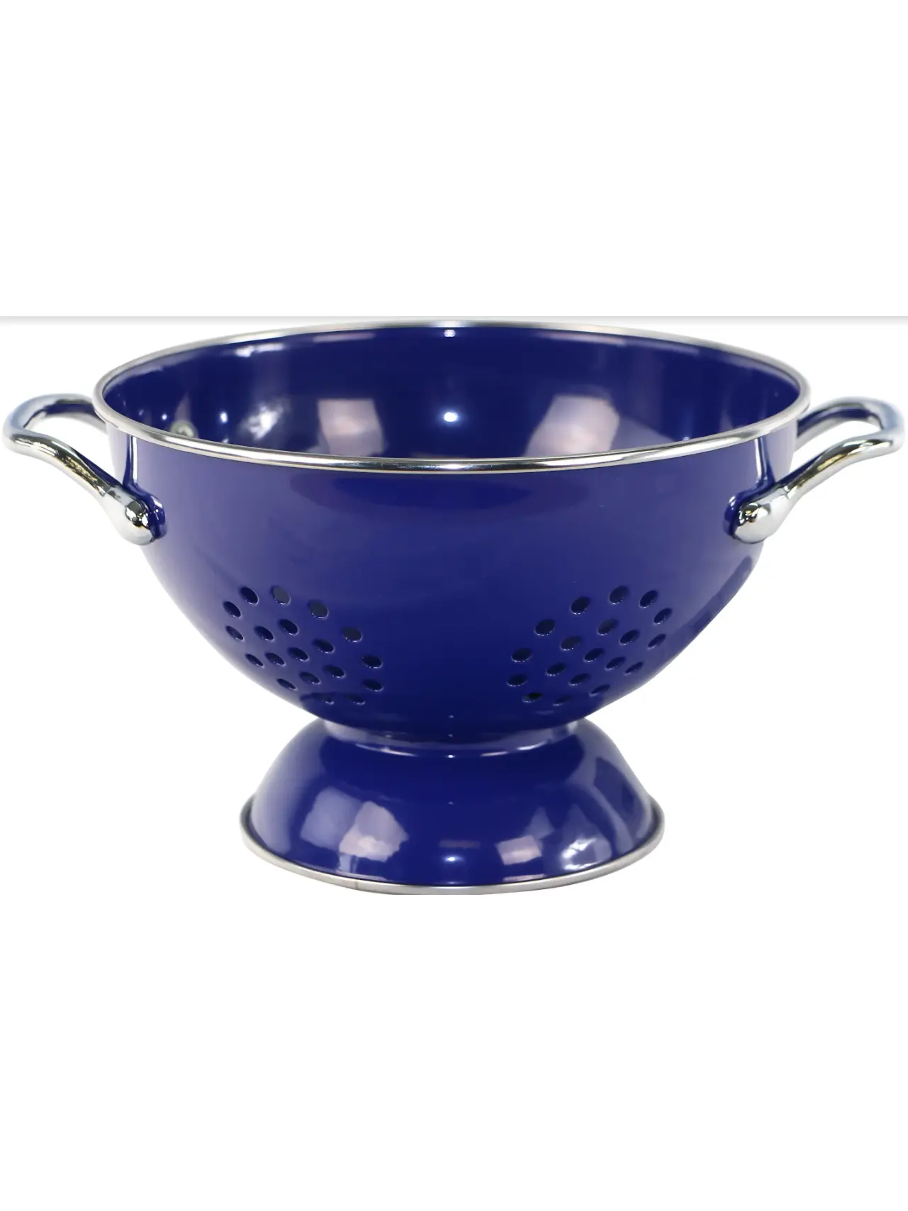 Reston Lloyd Calypso Basics 1.5qt Indigo Stainless Steel Colander Strainer - Kitchen Utensils, 1.2 lbs, 4.5" h x 7.5" w x 9.5" l, Colorful Chrome Handle, Easy Draining Holes, Wide Base, All Seasons Hot/Cold Prep