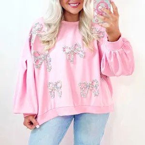 Light Pink Embroidered Bow Lantern Sleeve Oversized Pullover Sweatshirt