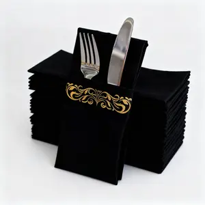 150 Pcs Paper Black Airlaid Napkin with Gold Foil Fork Knife Elegant Table Setting for Christmas and High End Occasion