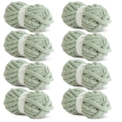 Sage Green Chunky Chenille Yarn - 8 Jumbo Skeins (27 yds, 8 oz Each, 4” (10Cm)), 2.5 Sts - 2.5 Rows, Fuzzy Lightweight Yarn for Adults’ Relaxing Hobbies, Hand-Knitted Blankets, Crocheting Supplies