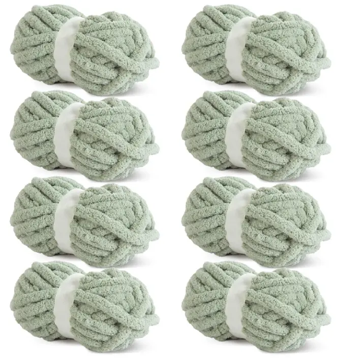Sage Green Chunky Chenille Yarn - 8 Jumbo Skeins (27 yds, 8 oz Each, 4” (10Cm)), 2.5 Sts - 2.5 Rows, Fuzzy Lightweight Yarn for Adults’ Relaxing Hobbies, Hand-Knitted Blankets, Crocheting Supplies