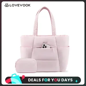 【NEW IN】LOVEVOOK Fall Puffer Tote Bag for Women, Large Down Work Handbag,Lightweight and Easy to Carry Shoulder Bag, Can Hold 15.6-inch Laptop, Comes with Mini Washing Bag, Multiple Compartments Suitable for Teachers, Nurses, Travel, Daily Use