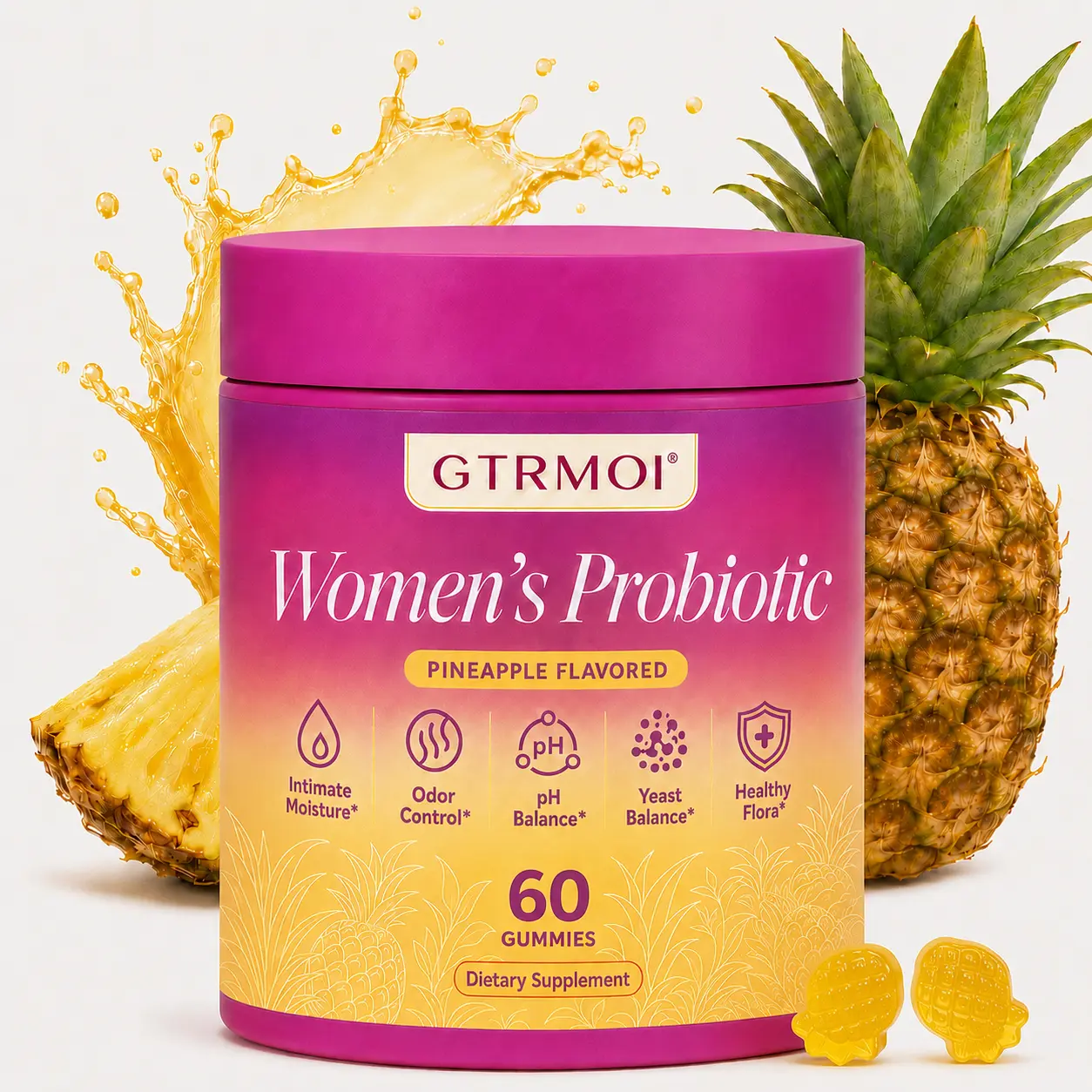 Feminine Probiotics Gummies with Slippery Elm and Prebiotics&Lactobacillus Probiotic Blend - Pineapple Gummies 60 Counts