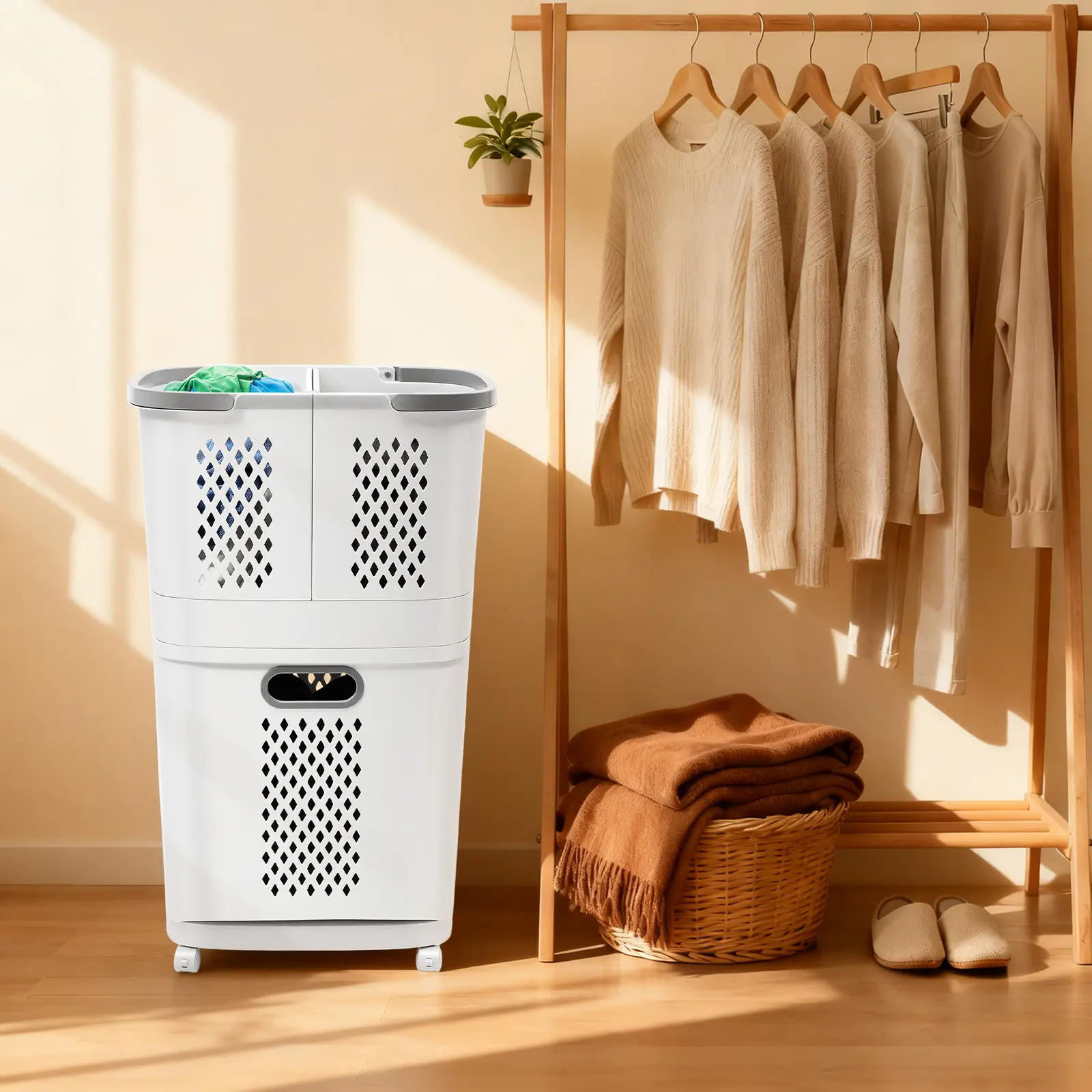 PP Plastic Modern 2-Tier Wheeled Laundry Hamper Sorter - 4 Partitions, Divided Laundry Hamper, 17.3x12.2x29.3", Wall Mount, Clothes Storage Basket for Bedroom, Bathroom