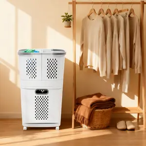 Grey White 2 Tier Laundry Sorting Basket with Wheels and Wall Mount 3 Baskets Clothes Hamper Organizer for Bedroom Bathroom