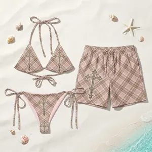 [HOT SUMMER 2026] Plaid Coquette Cross String Bikini Set – Holy Cross Print Tie Side Two Piece Swimsuit, Aesthetic Summer Beachwear