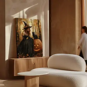 Spooky Seasonal Decor, Enchanting Halloween Witch Poster Wall Art - Autumn Forest Scene with Black Cat And Jack-o'-lantern, Unframed | 5 size, 8x12 to 27x40 inch