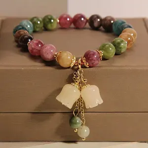 Exquisite Stone Bracelet Elegant Lily of The Valley Flower Pendant Elastic Beaded Bracelets for Women Party Jewelry Gift