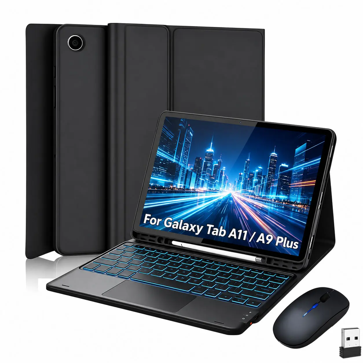 Slim Tablet Case with Wireless Detachable Magnetic Rainbow RGB Keyboard for Samsung Galaxy Tab A11+ / A9+ Plus 2026/2023 11in - Accessories Include Mouse, Stylus, Keyboard Film, S Pen Holder, Auto Sleep/Wake (Black)
