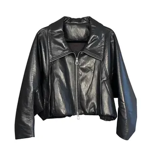 Women's Black Vegan Leather Jacket, Shiny Faux Leather Y2K Retro Batwing Sleeve Cropped Jacket, Oversized Biker Style Coat, Chic Streetwear Outerwear