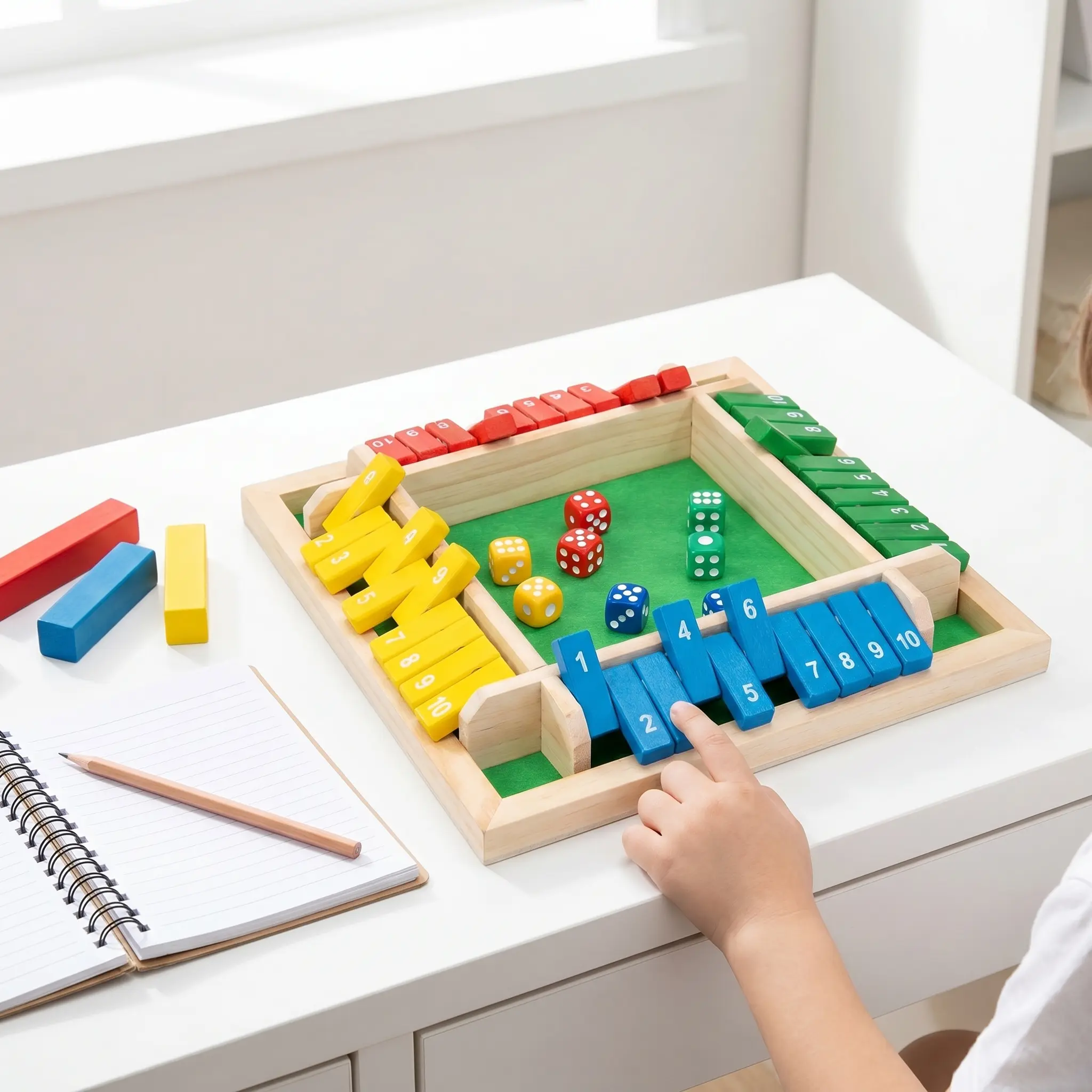 8.7"x8.7" Quiet Solid Wood Shut The Box Dice Game - 4-Player Homeschooling Math Learning Strategy Board Game, Portable Durable for Family Use