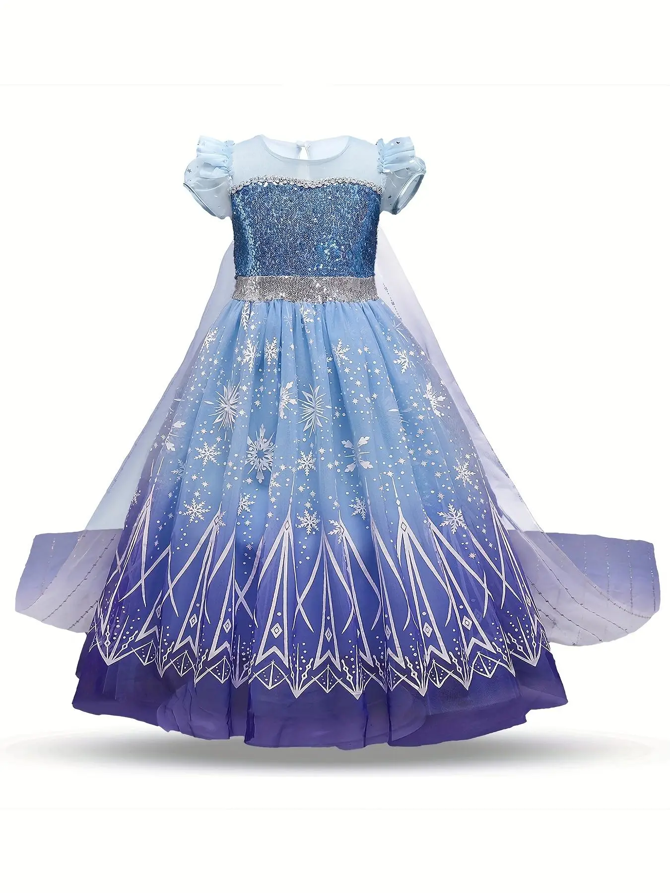 Girl's Ombre Print Contrast Sequin Zipper Back Princess Dress, Puff Sleeve Round Neck Contrast Mesh Dress for Party, Kids Summer Clothes