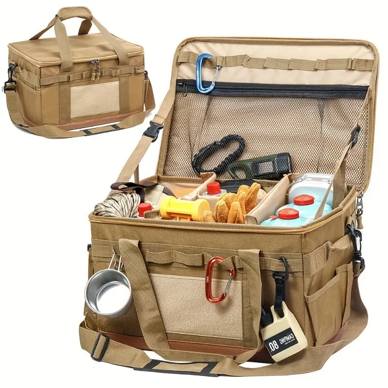 Large Capacity Camping Storage Bag, Foldable Cooking Box Storage Box with 3 Adjustable Dividers, Waterproof Bottom Bag for Outdoor Camping, Camping Supplies