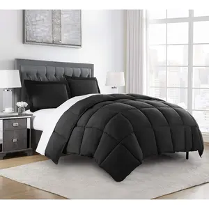 3-Piece All Season Queen Comforter Set Black, Soft Quilted Down Alernative Duvet Insert with Corner Tabs, Lightweight Microfiber Bedding, 88 x 88 Inches