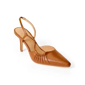 JUSTFAB Women's  Elegant Pointed Toe Slingback Heels for Women – Nappa PU Stiletto Pumps with Pleated Detail, 3.25" Secure Fit Dress Shoes for Work & Date Night