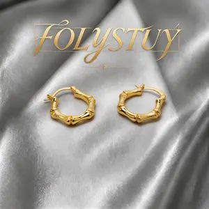 [FOLYSTUY(C0045)] Textured Bamboo Knot Huggie Hoop Earrings Gold Tone Minimalist Fashion Jewelry for Daily Outfits & Gifts