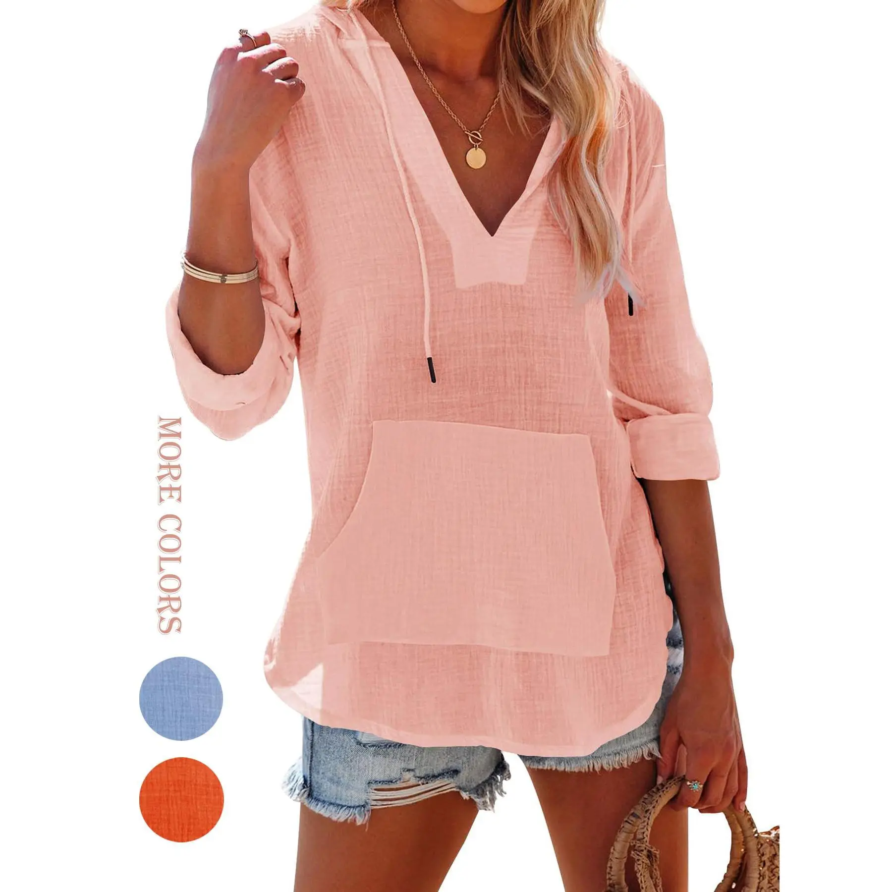 Renaishow Women's Lightweight Tunic Hoodie, Casual Sexy V-Neck Pullover Tops, Long Sleeve Sweatshirt with Kangaroo Pocket, Fitted, Style, Ootd Ideas, Outdoors, Drawstring Tie, Soft Woven, Basic, Hangable, Beach, Comfy, Longsleeves, Foldable