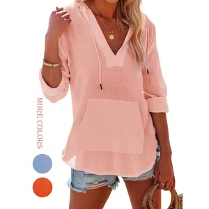 Renaishow Women's Beach Cover Up hoodies sweatshirt Long Sleeve V Neck Pocketed Hooded Shirt Top