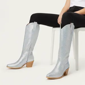 REDTOP Crystal-Covered Silver Tall Rhinestone Cowgirl Boots with Elegant Design and Comfortable Fit for Any Occasion Casual Style