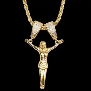 14K Gold Plated Jesus Christ 1.5" CZ Pendant Double-Lock Clasps - Figaro Link or Rope Torch Chain Religious Diamond Unisex Piece For All Occasions
