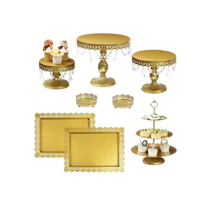 8pcs Gold Dessert Table Display Set: Romantic Round Cake Stand Set With Crystal Pendants, Cupcake Tower For Birthday Parties, Weddings Decor Ornaments