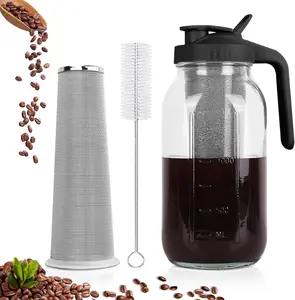 Cold Brew Coffee Maker,64 oz Mason Jar Pitcher with Stainless Steel Filter, Pour Spout Handle Lid, Heavy Duty Glass Airtight & Leak-Proof for Iced Coffee, & Lemonade
