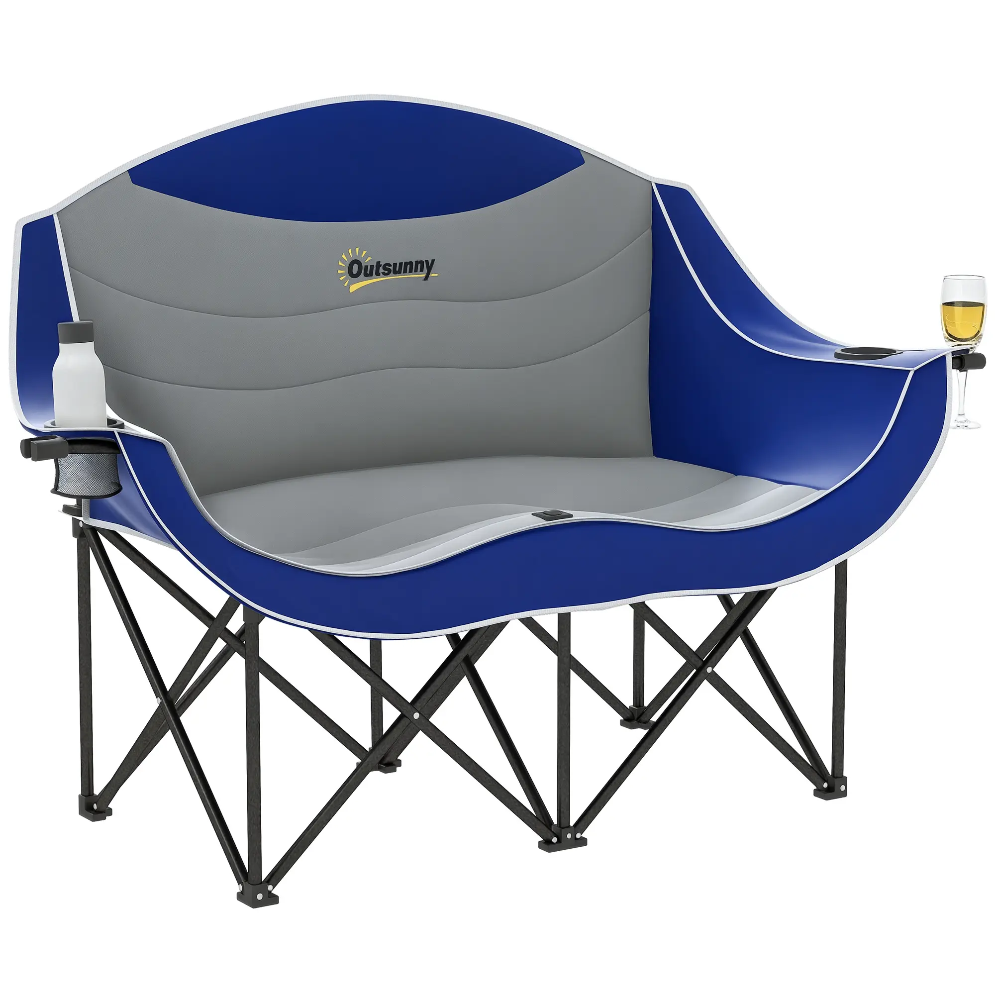 Outsunny Double-Seater Outdoor Folding Chair - Oxford Fabric, Space-Saving, Heavy-Duty, Portable, Padded Seat, Armrests, Wine & Cup Holders, Carry Bag, Supports 551lbs (Blue & Gray) for Camping, Family Picnic