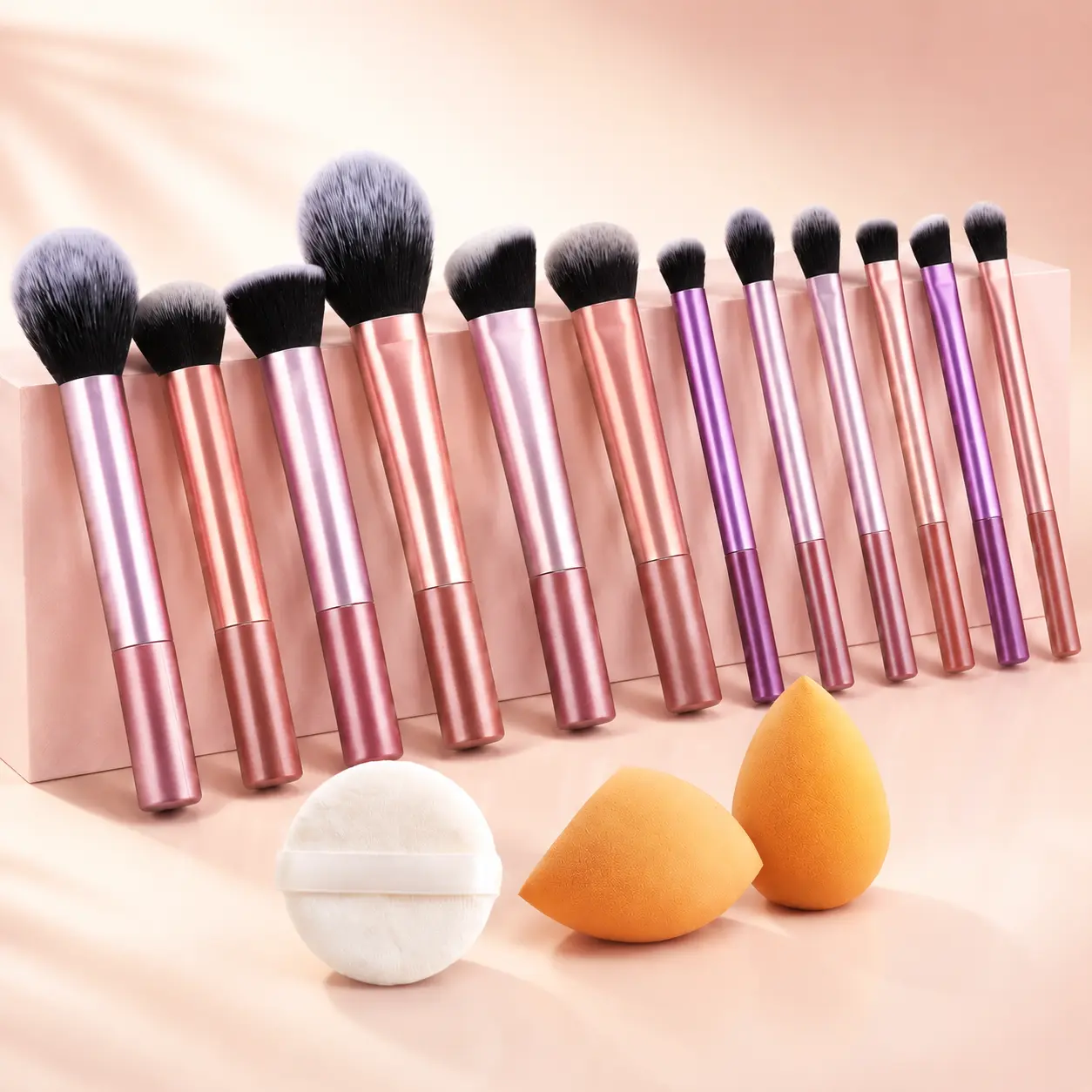 15PCS Makeup Brush Set, Multicolor Makeup Brushes with 12 Brushes, 2 Makeup Sponges and 1 Powder Puff, Foundation Brush Set for Face and Eye Makeup