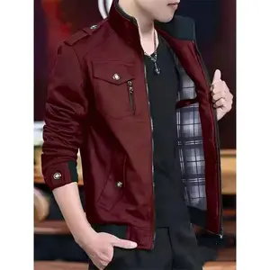 Men's Black Solid Color Long Sleeve Stand Collar Multi-Pocket Cargo Jacket for Casual Outdoor Wear Ideal as Father's Day Gift