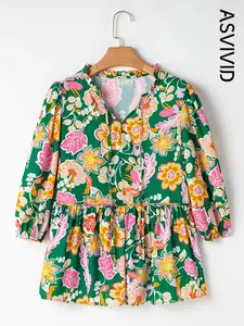 Women's Floral Printed Puff Sleeve V-neck Peplum Blouse