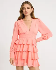 Express Chiffon V-Neck Long Sleeve Tiered Ruffle Mini Dress