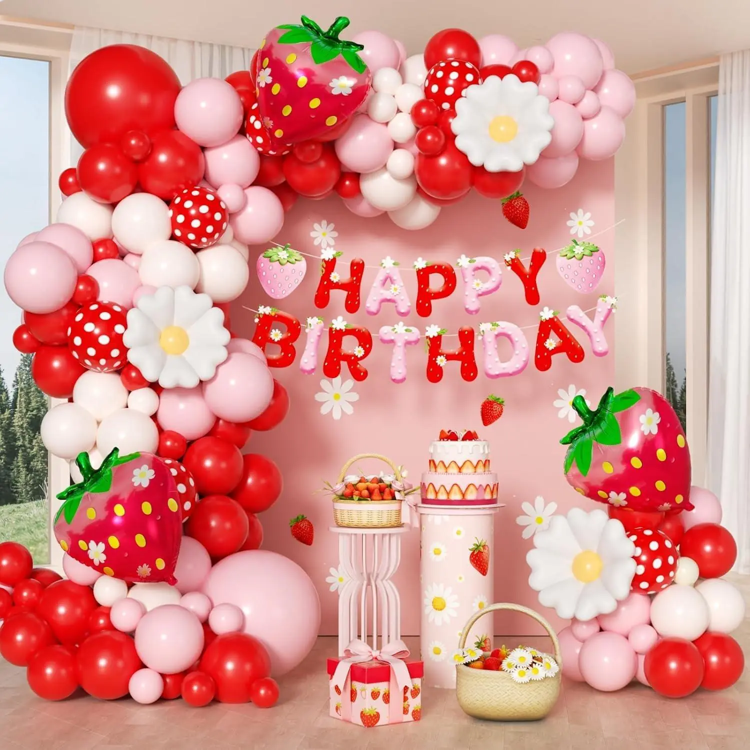 Strawberry Birthday Decorations With Red Pink Sand White Foil Balloons Banner For Strawberry Baby Shower 1St Birthday Decorations