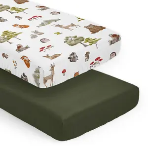 Sweet Jojo Designs 2-Piece Baby Crib Sheets Set (Woodland Animals) for Boys or Girls, Infant Nursery, Toddler Room - Standard Size (Forest Animal Friends, Neutral, Bear, Hedgehog, Fox, Dark Green)