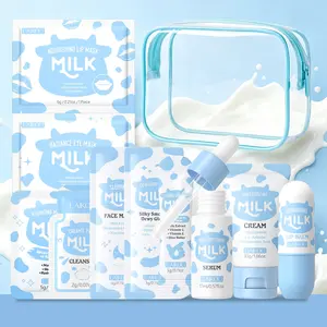 LAIKOU Budget-Friendly Milk Skincare Trial Kit - 11Pcs Affordable Face & Body Care Set for Students - Includes Softening Serum, Cream, Hand Lotion & 5 Mini SPA Mask Packets with Clear Bag