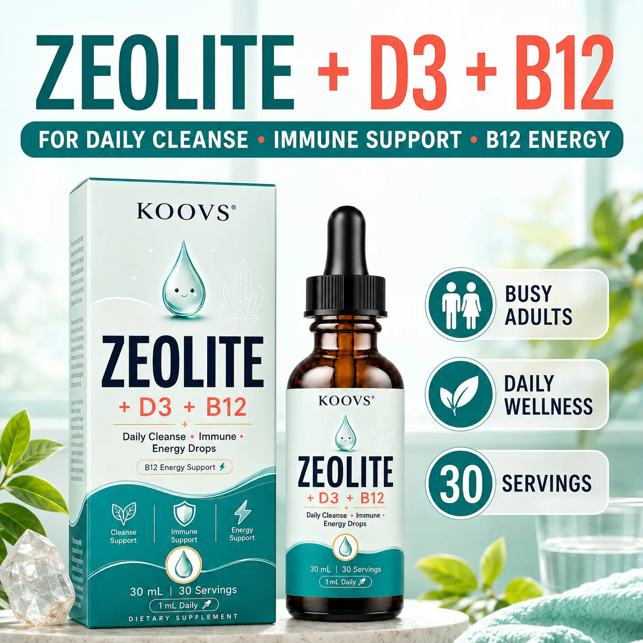 KOOVS 3-in-1 Speech Learning Liquid Supplement for Kids - Zeolite Drops with B12+D3 Vitamins & Premium Ingredients